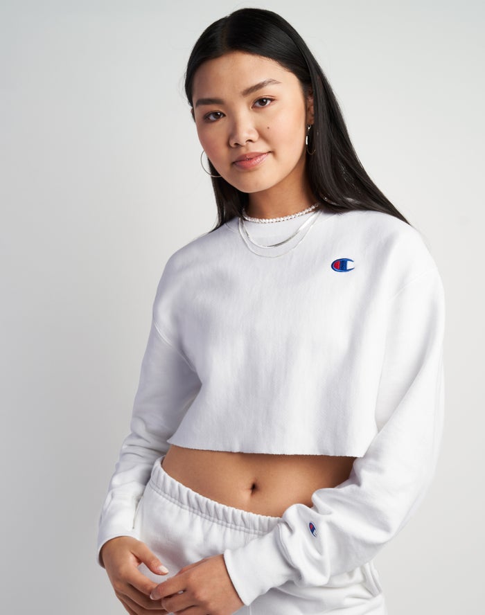 Champion Reverse Weave Cropped Cut-Off Crew Kadın Sweatshirt Beyaz ( FVBWCK324 )